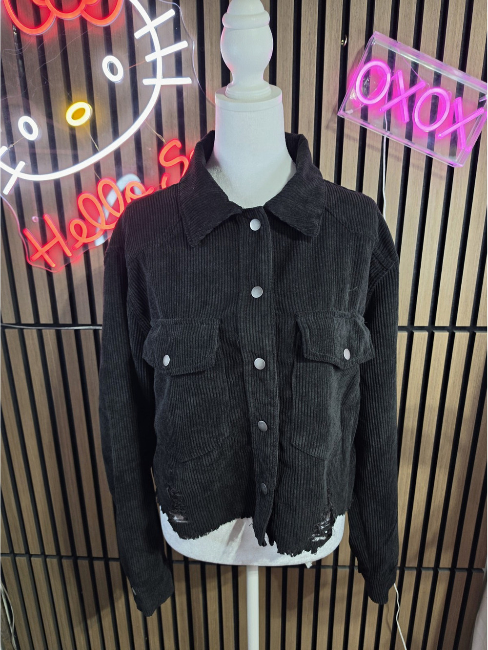 Timing Men's Black Button Front Jacket Point Collar Pockets Casual Size L